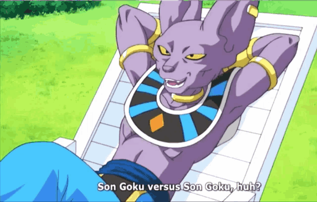 a cartoon character with the words son goku versus son goku huh below him