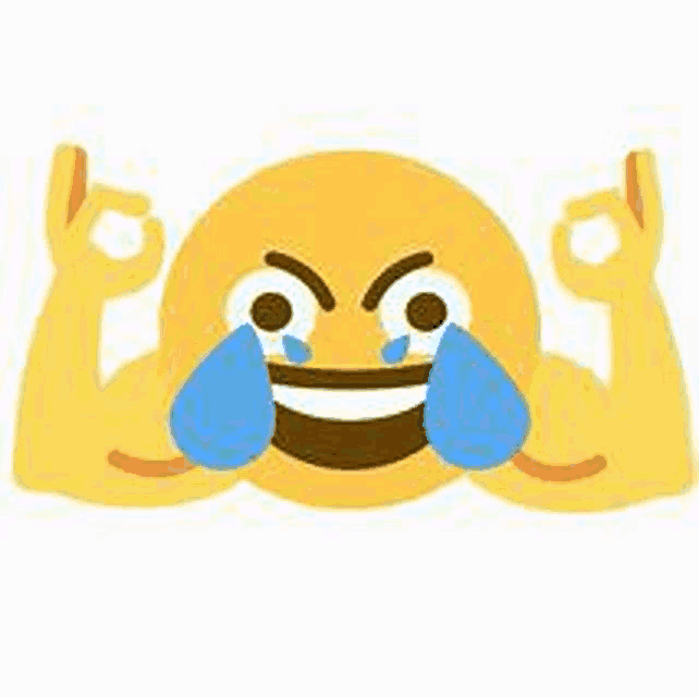 a muscled emoji is crying with tears in his eyes and giving a thumbs up .