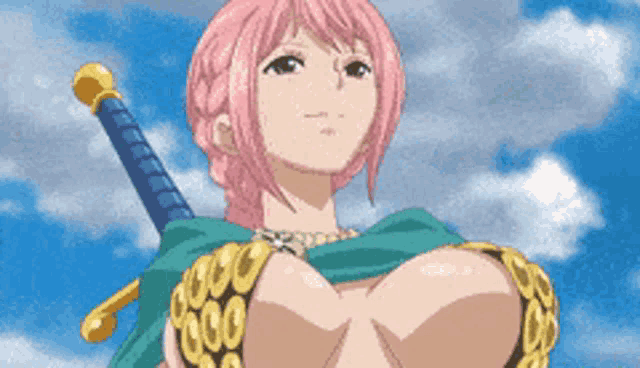 a woman with pink hair is holding a sword in her hand