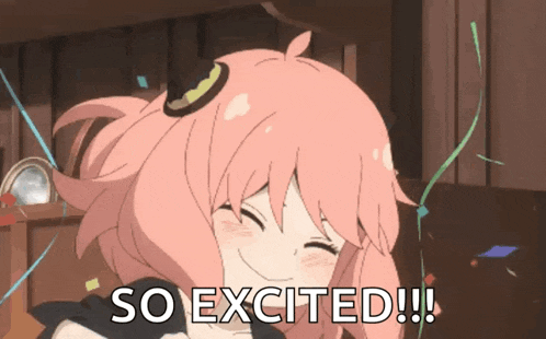 a girl with pink hair is smiling and says so excited !!