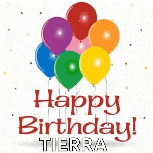 a happy birthday card with balloons and confetti
