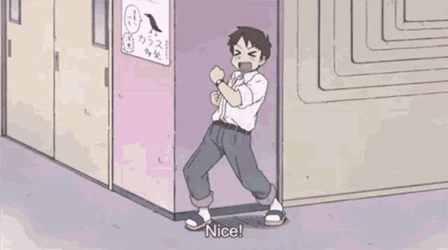 a man is standing in front of a door with a sign that says nice .