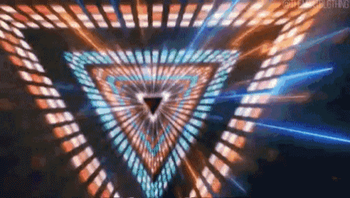 a triangle is surrounded by rays of light in a dark room