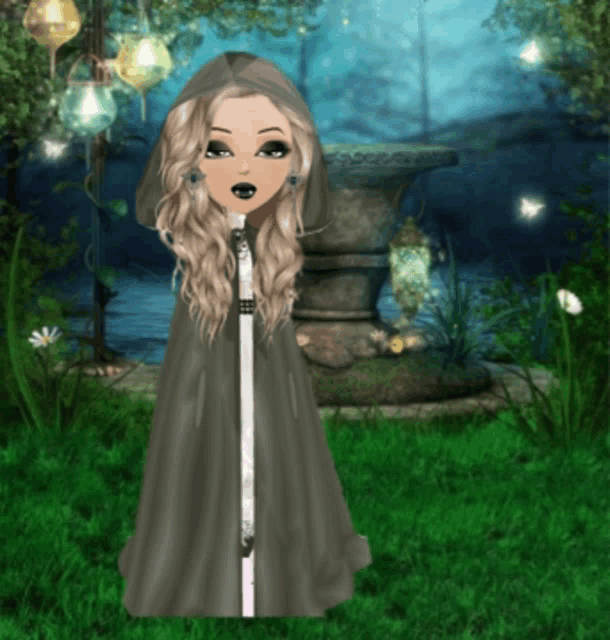 a girl in a hooded cape is standing in a garden