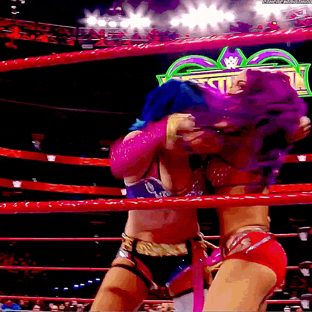 two women are wrestling in a ring with a sign that says ' wwe ' on it