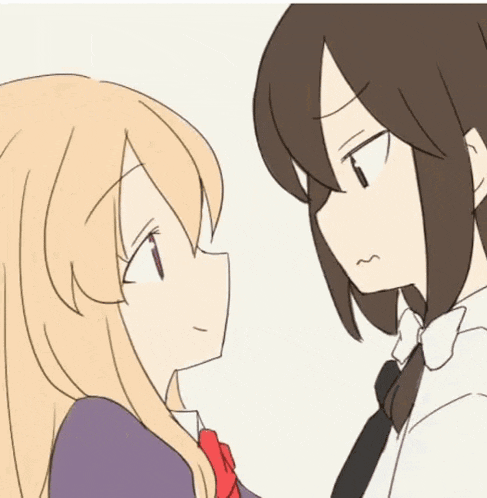 two anime girls are looking at each other and one is making a face