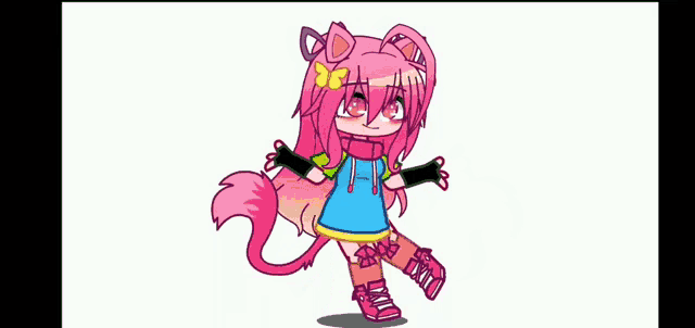 a cartoon girl with pink hair and a cat ear is holding a cell phone .