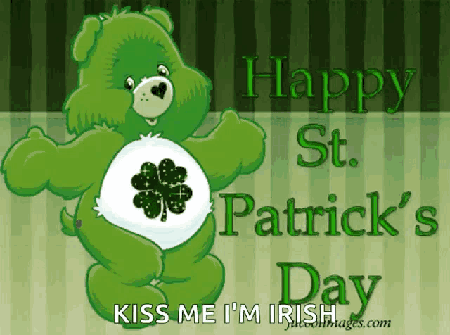 a care bear says happy st. patrick 's day and kiss me i m irish