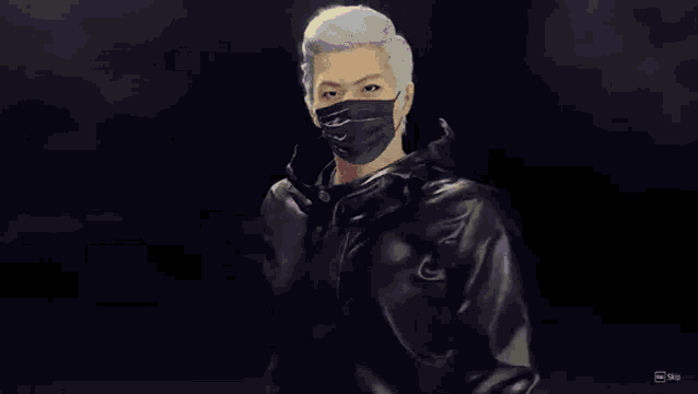 a man wearing a mask and a leather jacket is holding a knife in his hand .