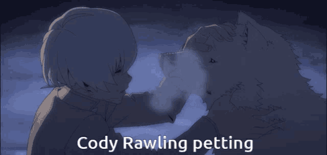 a boy petting a wolf with the words cody rawling petting