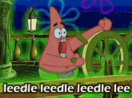 patrick star from spongebob is holding a steering wheel with the words leedle leedle leedle lee below him