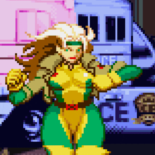 a pixel art of rogue standing in front of a ice truck