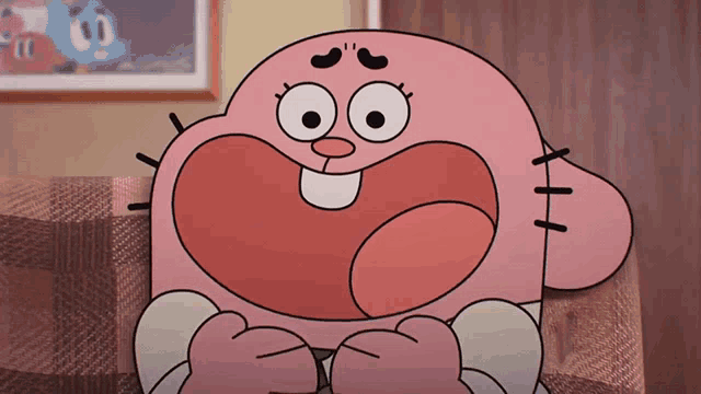 a cartoon character is sitting on a couch with his mouth open