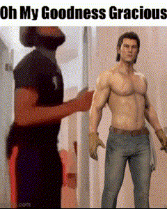 a shirtless man is standing next to another shirtless man with the caption oh my goodness gracious .