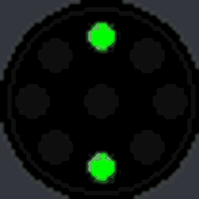 a pixel art of a black circle with green dots in the middle .