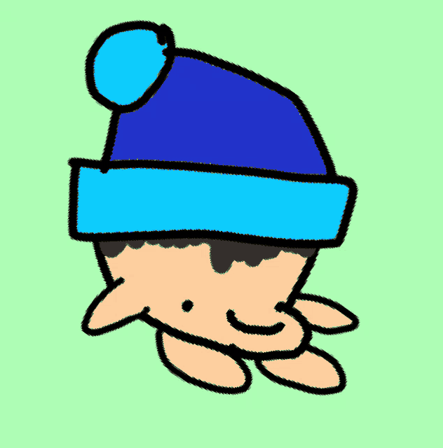 a cartoon character wearing a blue hat with a blue ball on top