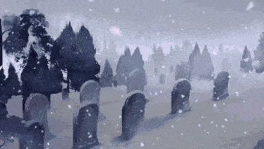 a snowy cemetery with a few graves and trees in the background
