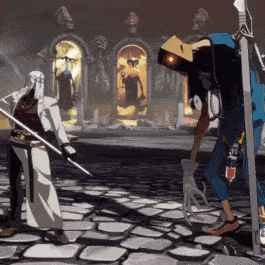 a cartoon character with a sword is standing next to another character with a sword
