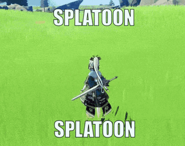 a person holding a sword in a field with the words splatoon splatoon on the bottom .