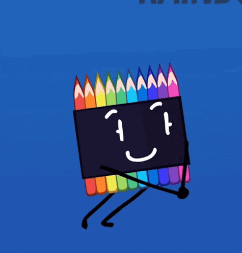 a box of colored pencils with a face and legs on a blue background