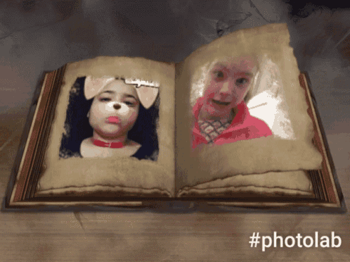 an open book with a picture of a girl and a picture of a girl with a dog mask