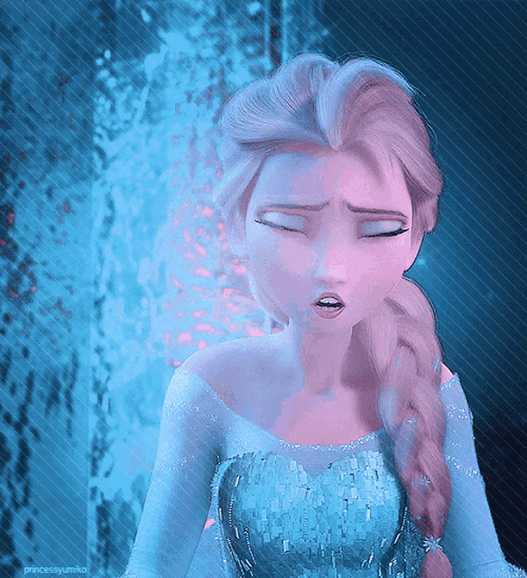 a close up of elsa from frozen with her eyes closed and princessyumiko written below her