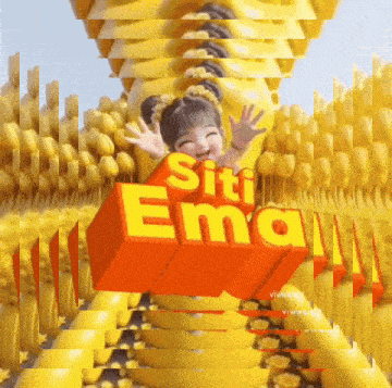 a girl is sitting on a pile of yellow flowers with the words " siti ema " behind her
