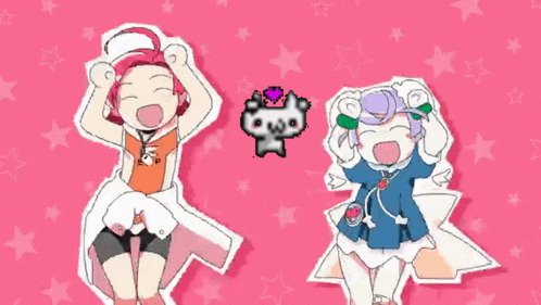 a cartoon drawing of a girl with a purple flower on her head standing next to another girl