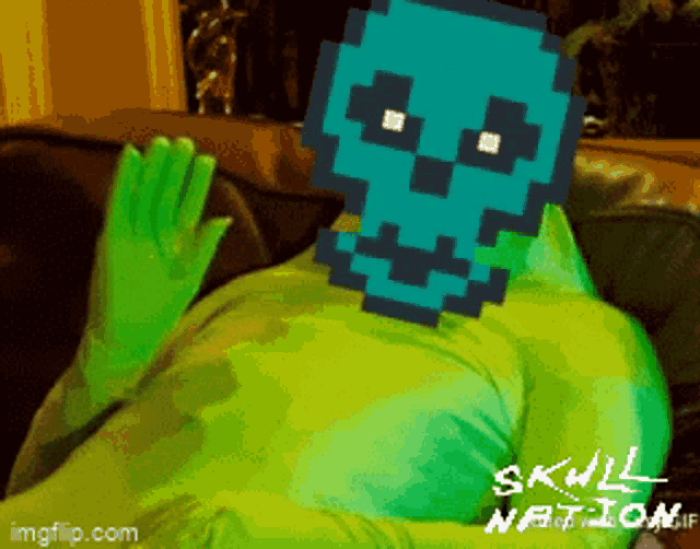 a person in a green suit with a pixelated skull on their head