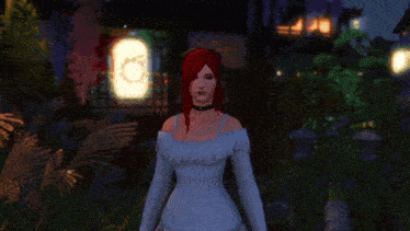 a woman with red hair is standing in front of a sign that says o on it