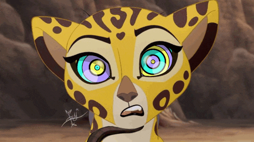 a close up of a cartoon leopard with a hypnotic look on its face