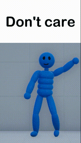 a blue balloon man is dancing with the words " do n't care " behind him
