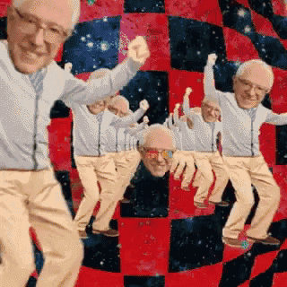 a bunch of old men are dancing in front of a red and black checkered background