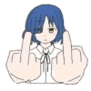 a girl with blue hair is making a middle finger sign .