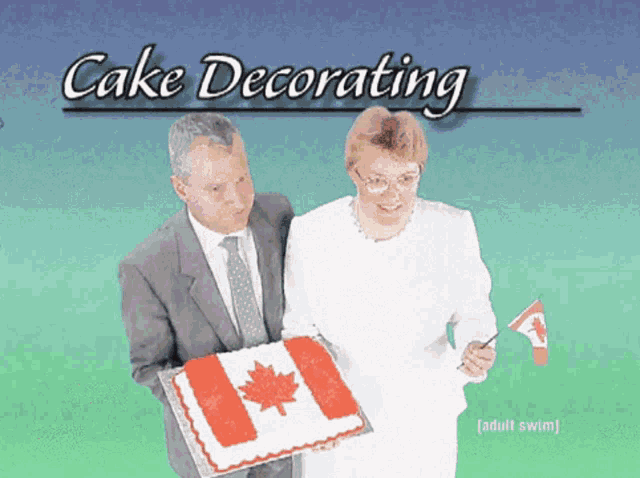 a man and a woman are holding a cake with a canadian flag on it