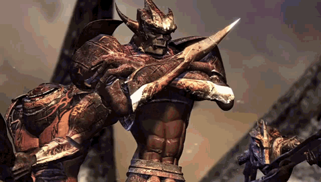 a video game character is holding a spear and a sword