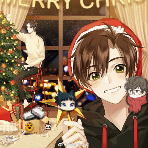 a boy in a santa hat is standing in front of a christmas tree with the word merry christmas above him
