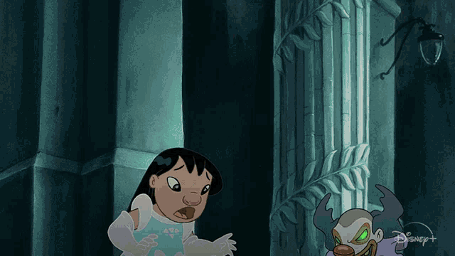 a cartoon of a girl and a clown with disney + written on the bottom