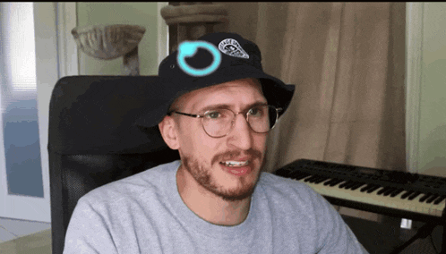 a man wearing glasses and a hat with a circle around his head