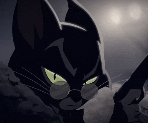 a black cat with glasses and green eyes looks angry