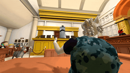 a computer generated image of a courtroom with a statue of a judge in the background