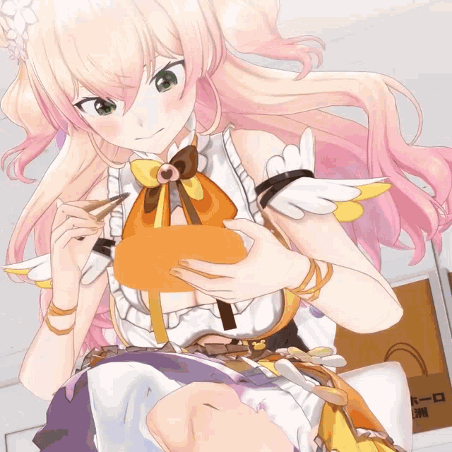 a girl in a maid outfit is holding a box with chinese characters on it