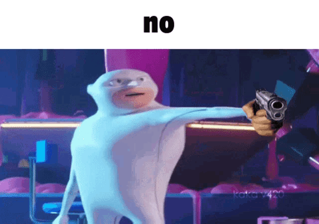 a cartoon character is pointing a gun at the camera with the word no in the corner