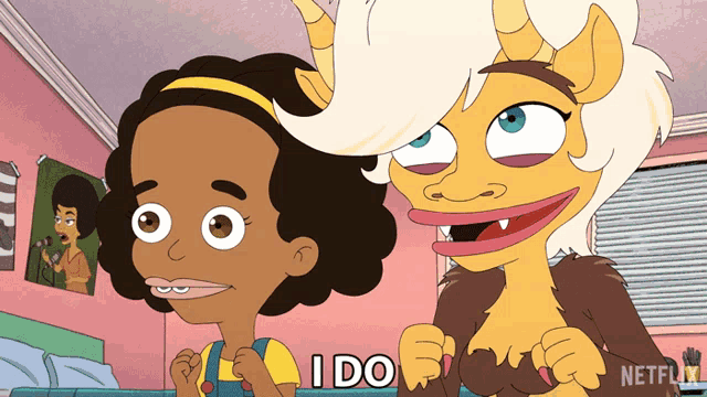 a cartoon character says i do in front of a monster