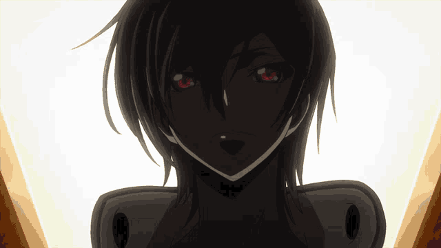 a close up of a person with red eyes and black hair