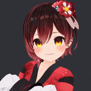 a close up of a girl with red hair and a red flower in her hair