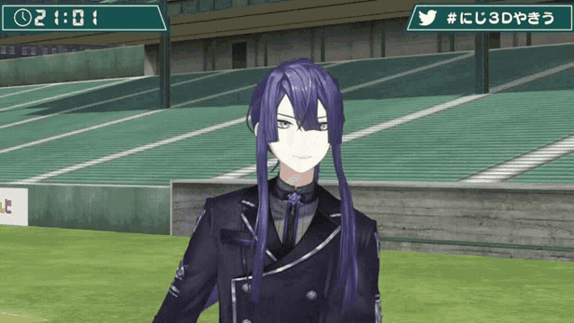 a man with long purple hair stands in front of a stadium with a twitter logo above him