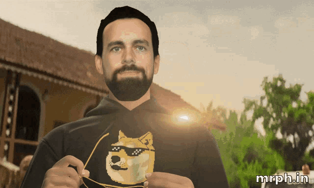 a man with a beard wearing a doge hoodie