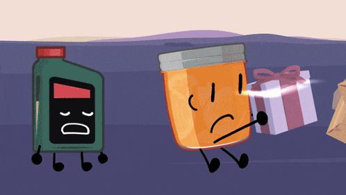 a cartoon drawing of a bottle of oil and a jar with a gift box