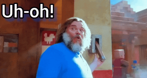 a man in a blue shirt is holding a hammer and the words uh-oh are above him